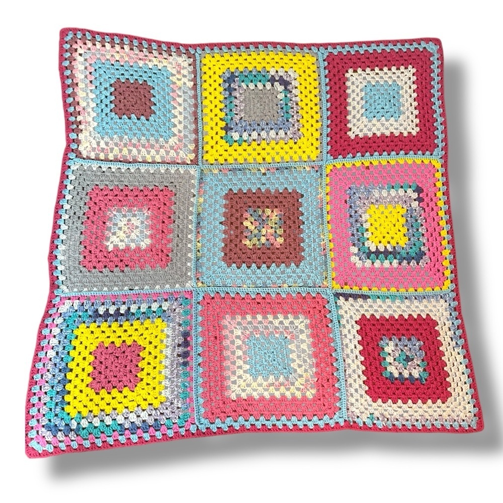 Vintage Handmade Blanket Crochet Granny Squares Pink Blue Yellow 44 Inches
